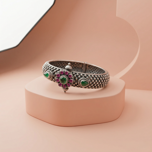 Handcrafted Floral Silver Kada with Gemstones