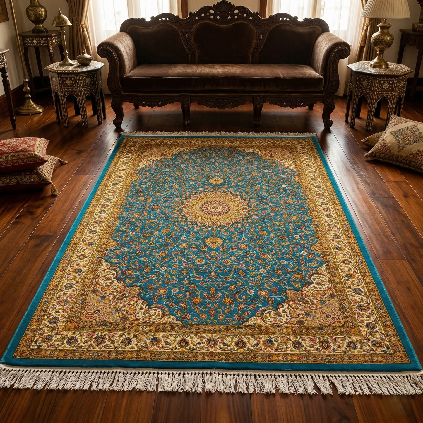 Royal Teal Persian Silk Medallion Rug