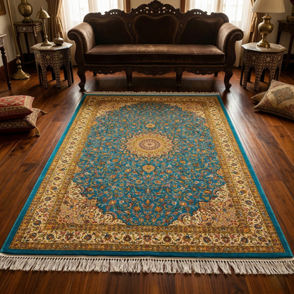 Royal Teal Persian Silk Medallion Rug