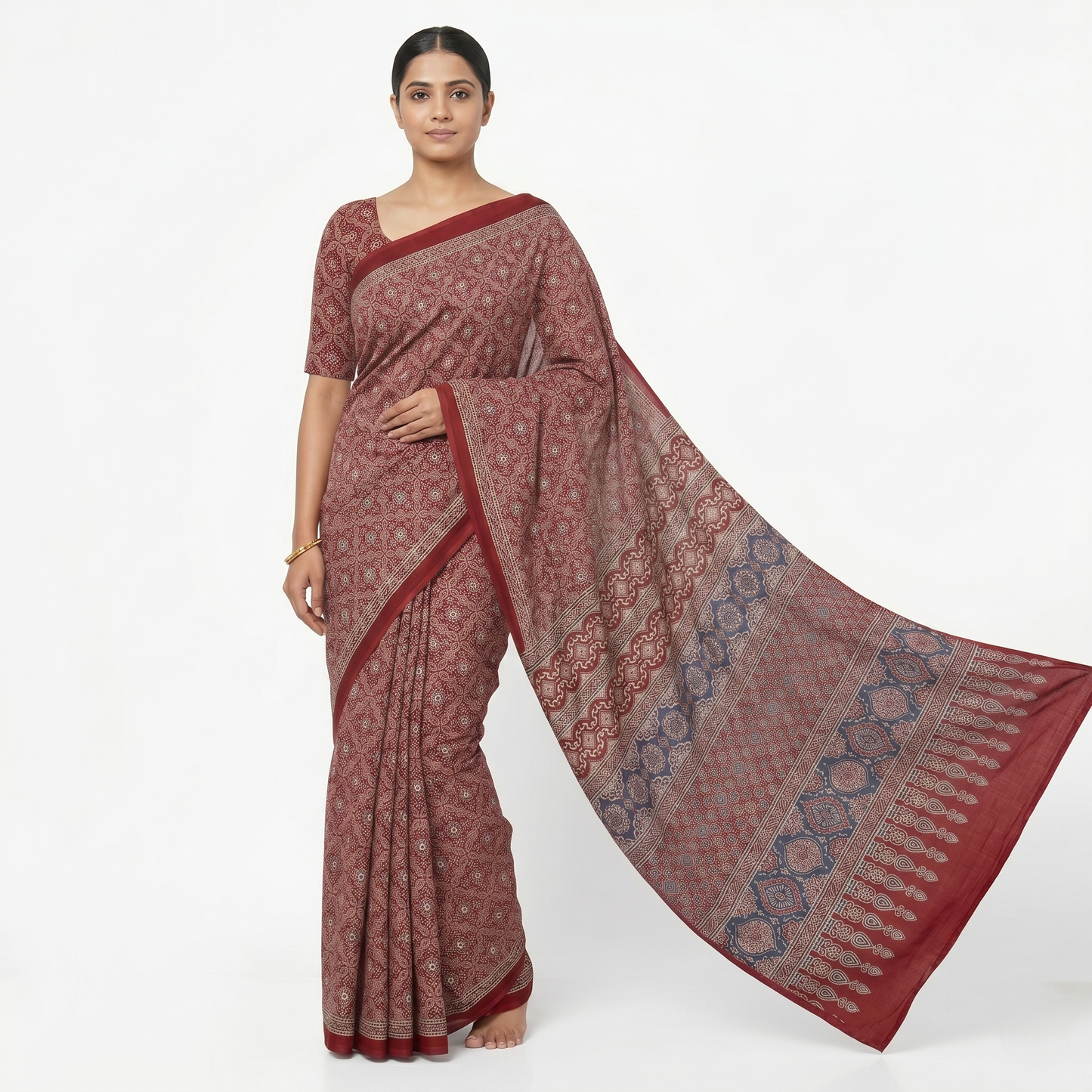 Elegant Ajrakh Print Maroon Cotton Saree