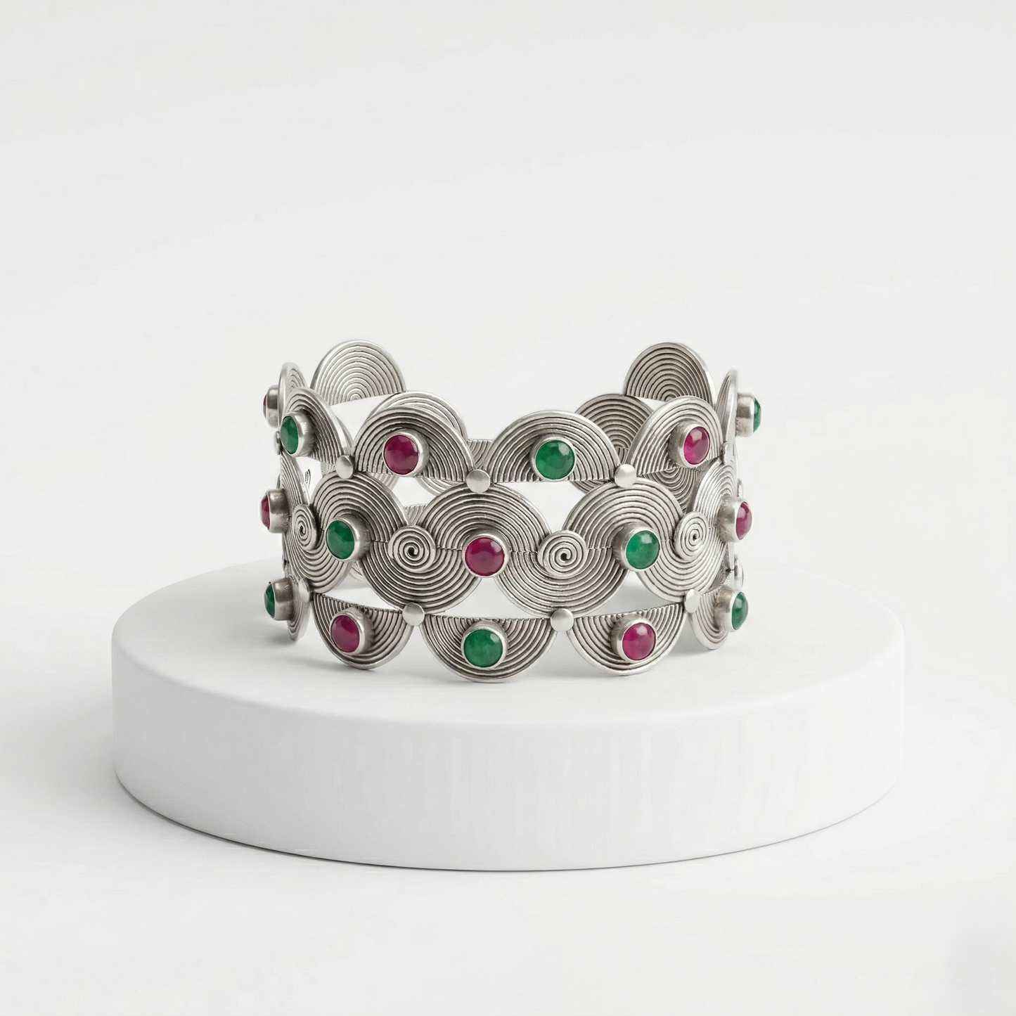 Handcrafted Silver Filigree Gemstone Cuff Kada