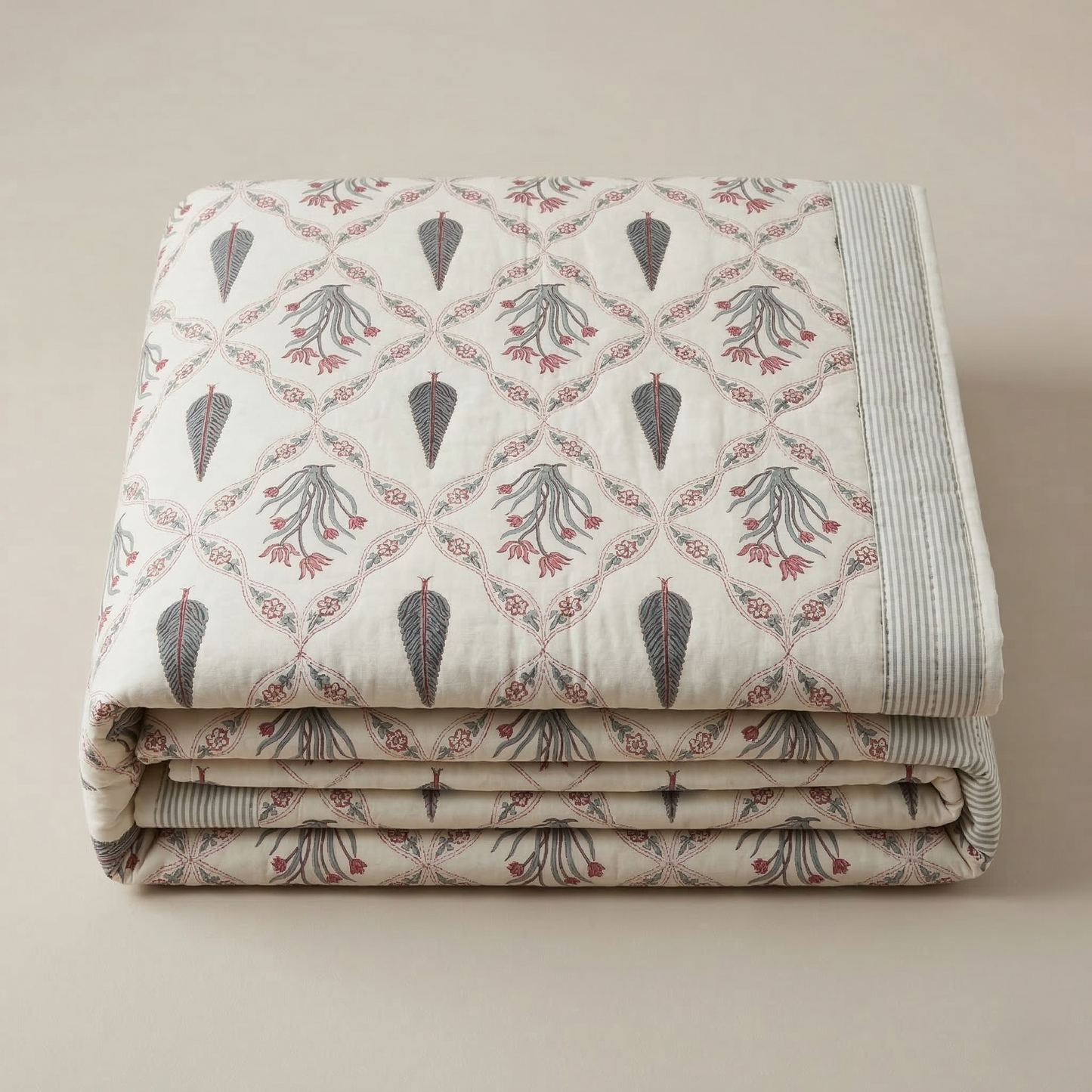 Elegant Sage Floral Lattice Cotton Quilt