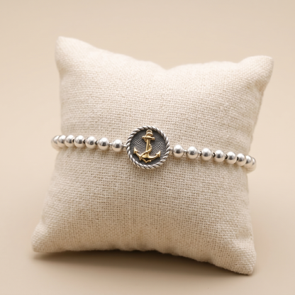 Nautical Silver Bead Golden Anchor Bracelet