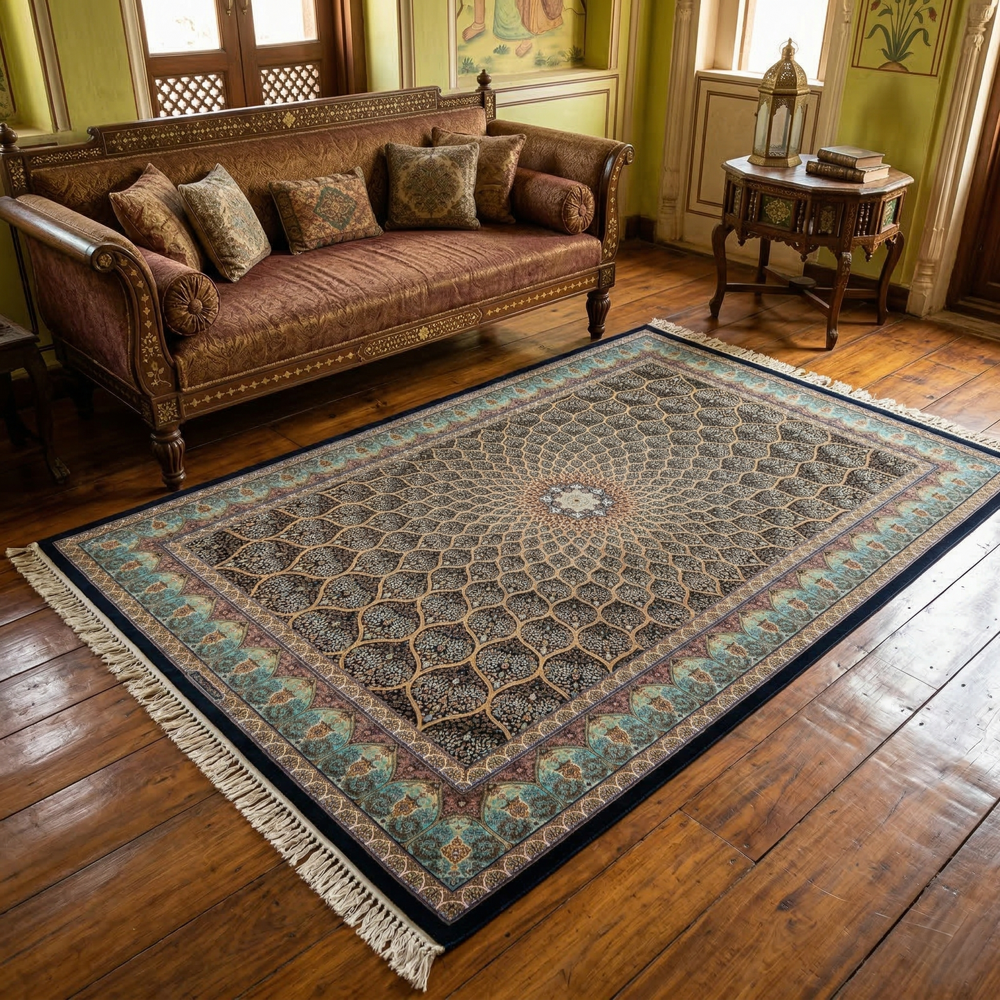 Traditional Intricate Teal Medallion Silk Rug