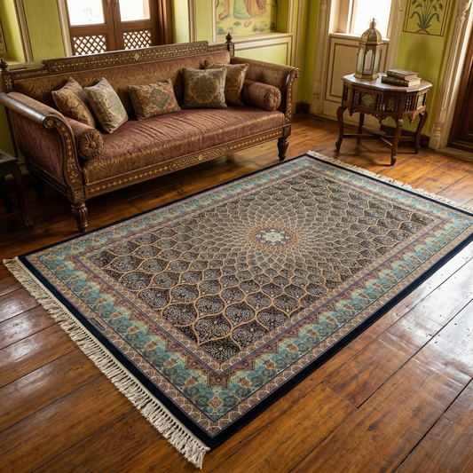 Traditional Intricate Teal Medallion Silk Rug