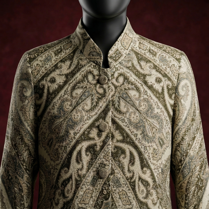 Elegant Sage Paisley Mandarin Collar Tunic Long Coat