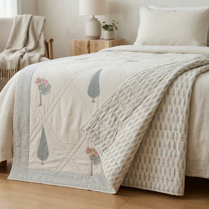 Hand Block Printed Floral Diamond Quilt