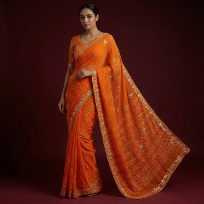 Radiant Orange Bandhani Silk Embellished Saree