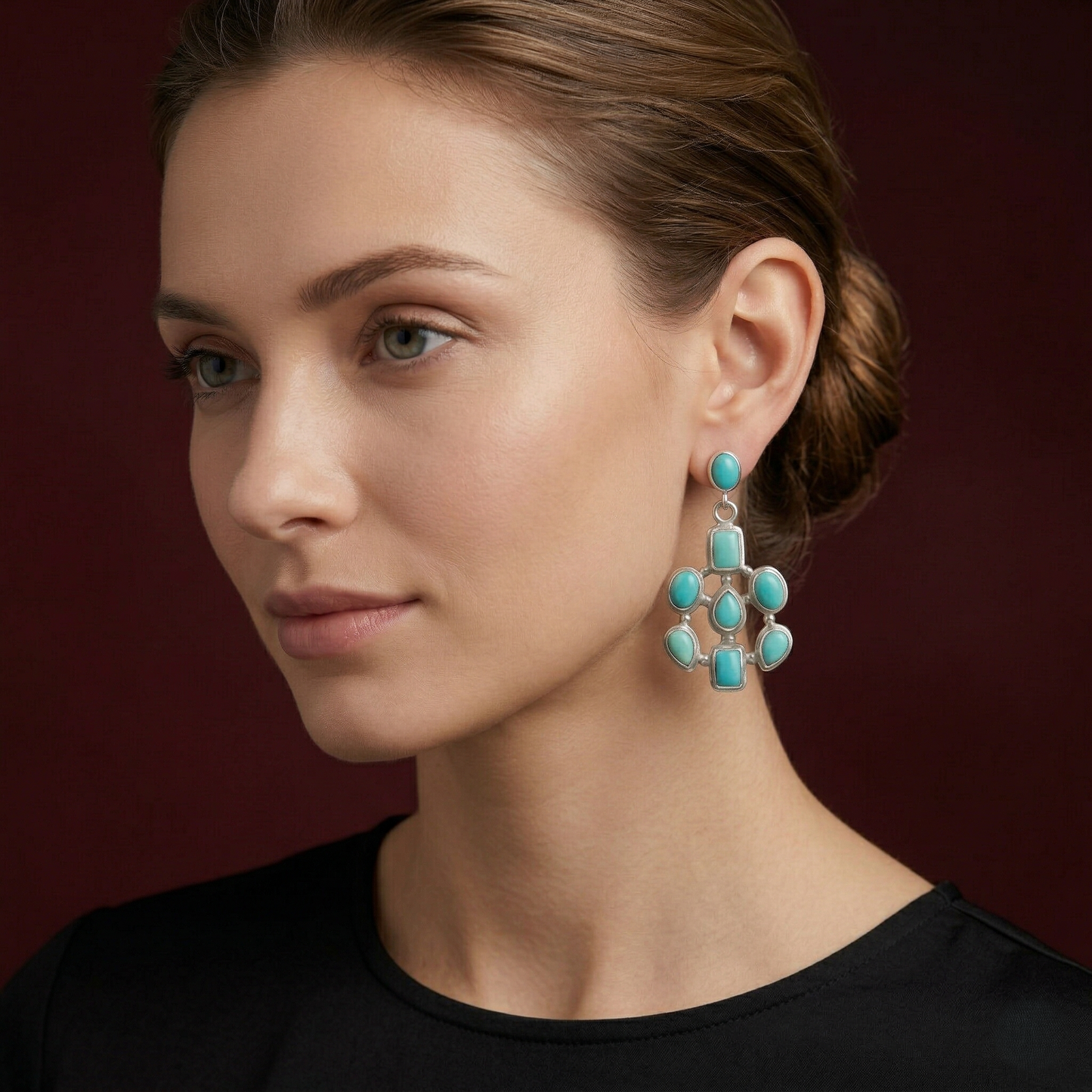 Handcrafted Silver Turquoise Floral Drop Earrings