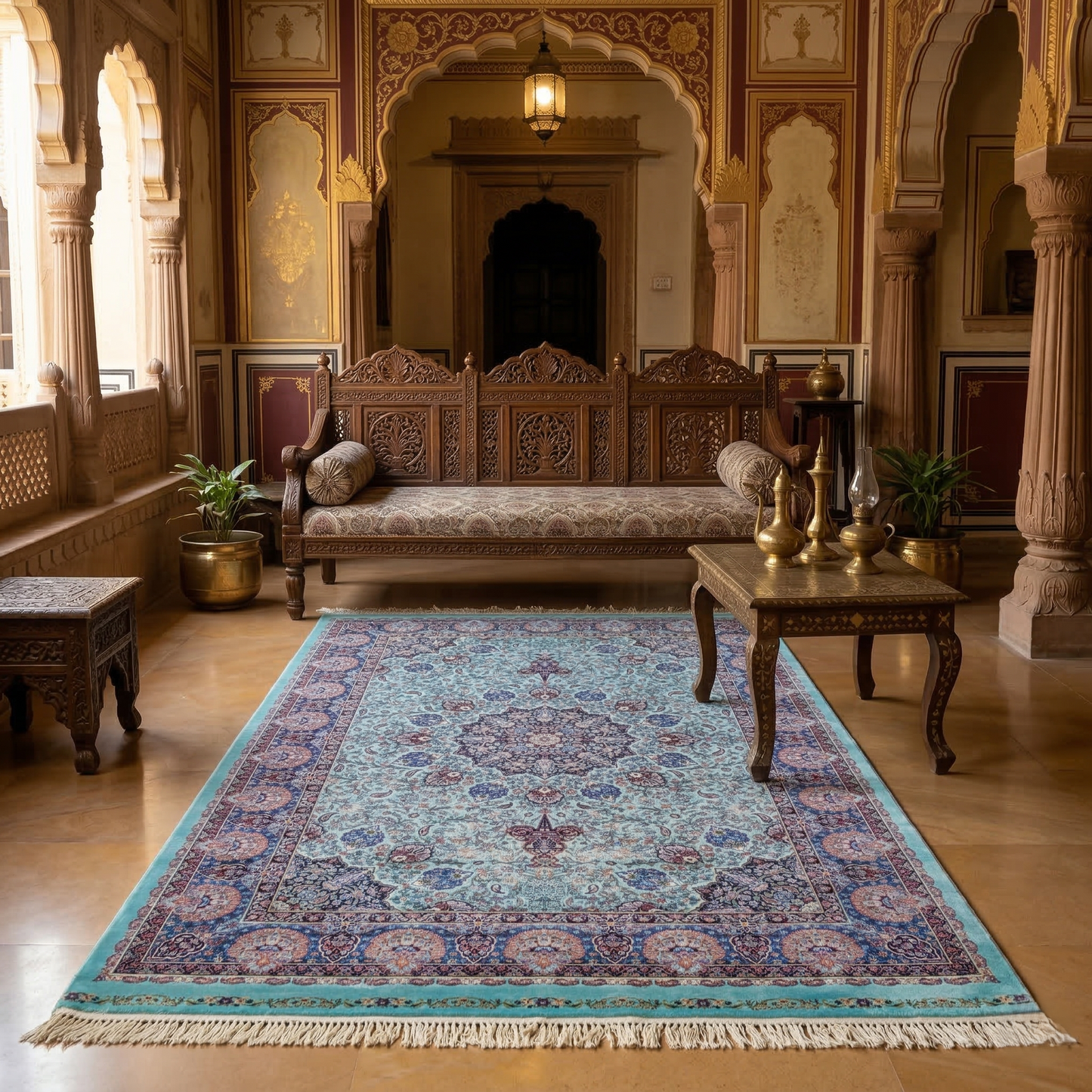 Turquoise Medallion Persian Silk Accent Rug
