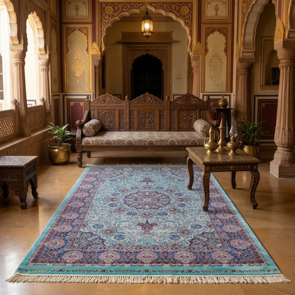 Turquoise Medallion Persian Silk Accent Rug