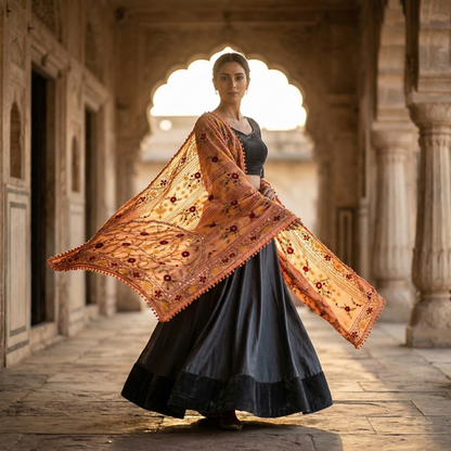 Floral Peach Phulkari Mirror Work Dupatta