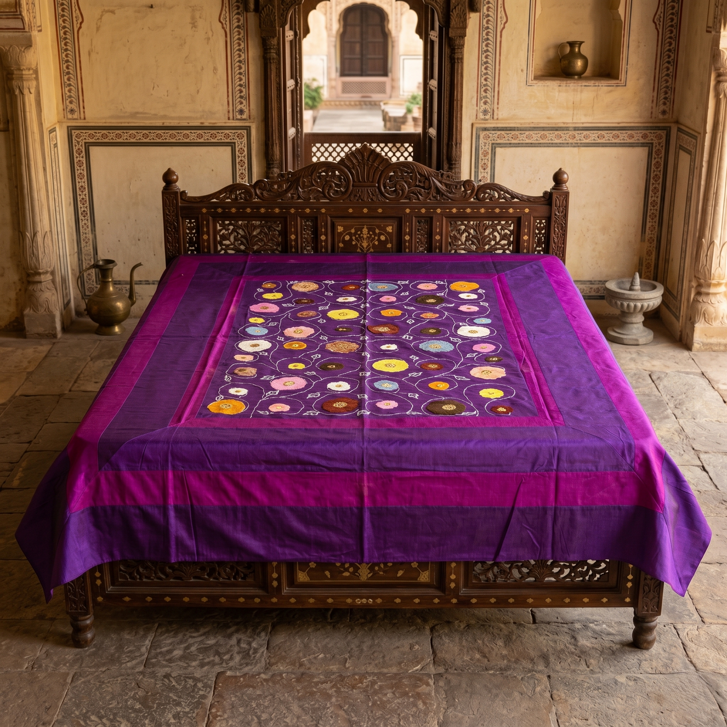 Royal Purple Silk Embroidered Floral Bedcover