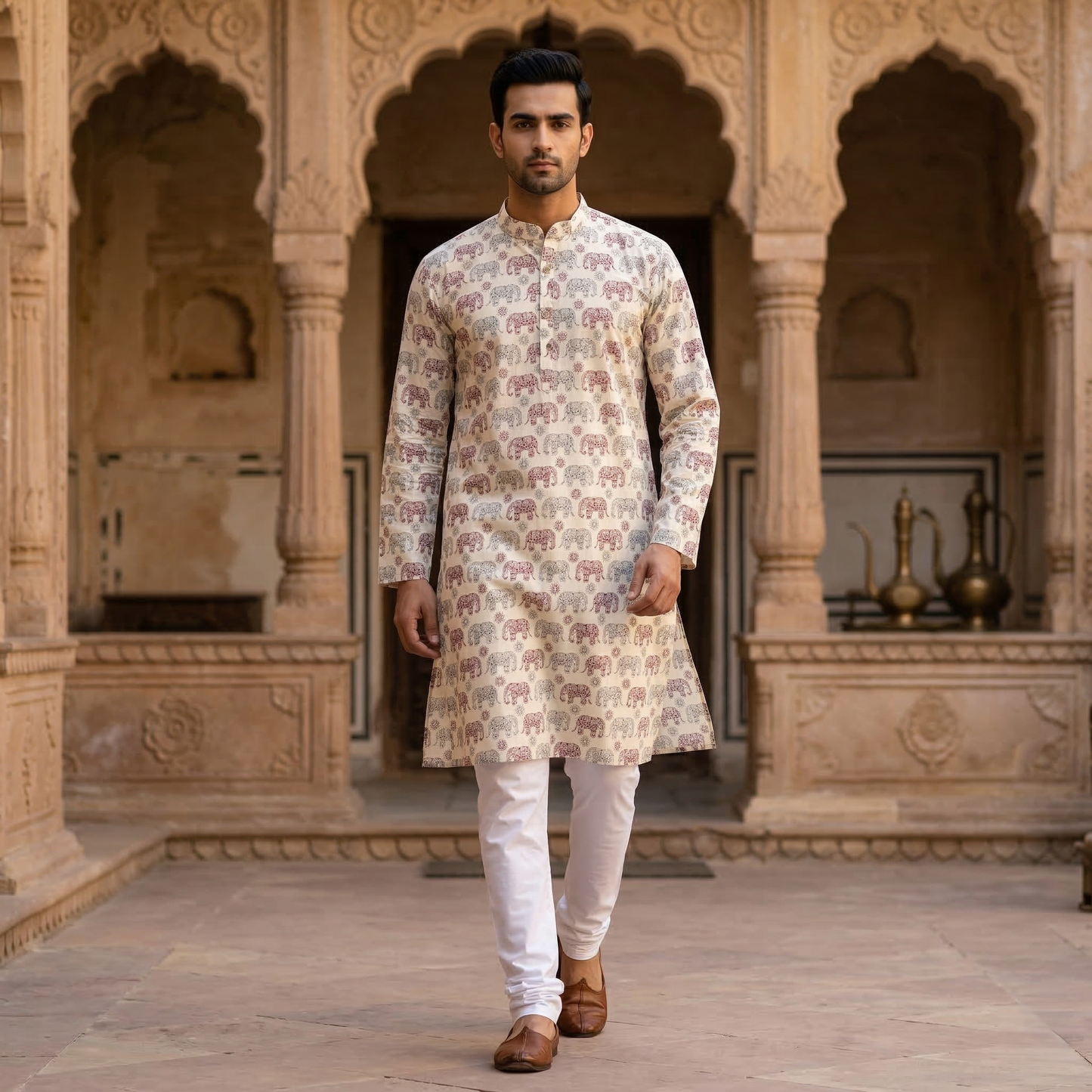 Regal Elephant Print Hand Block Kurta