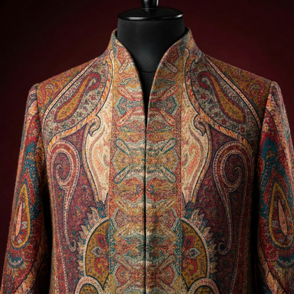 Regal Paisley Stand Collar Tapestry Long Coat