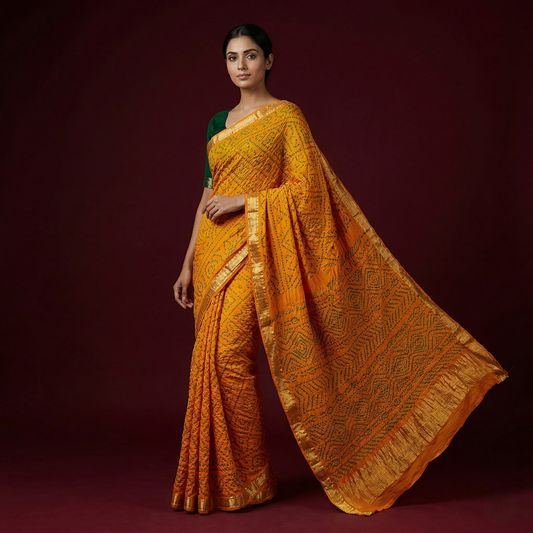 Vibrant Mustard Bandhani Silk Heritage Saree