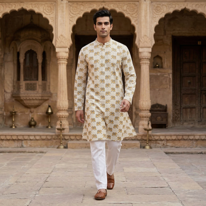 Ivory Hand Block Elephant Print Kurta