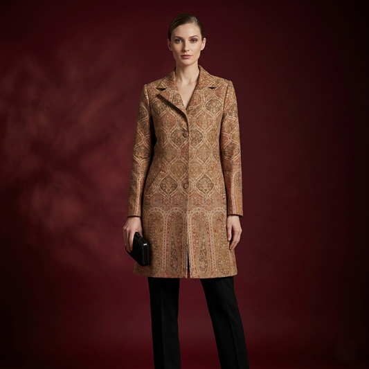 Elegant Paisley Jacquard Tailored Long Coat