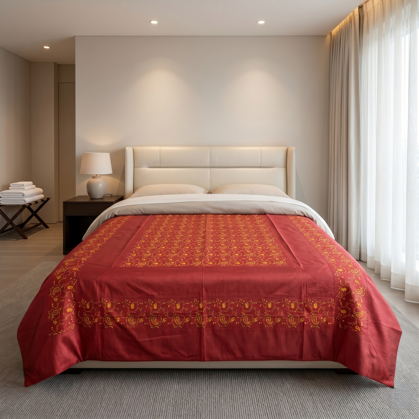 Deep Orange Silk Gold Embroidered Bedcover