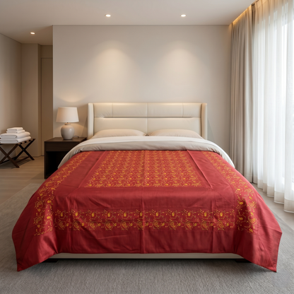 Deep Orange Silk Gold Embroidered Bedcover