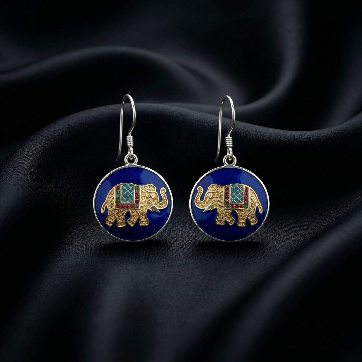 Heritage Elephant Meenakari Silver Drop Earrings