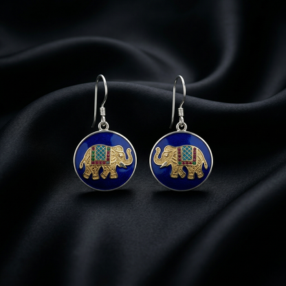 Heritage Elephant Meenakari Silver Drop Earrings