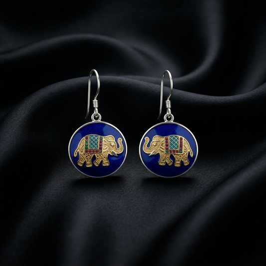 Heritage Elephant Meenakari Silver Drop Earrings