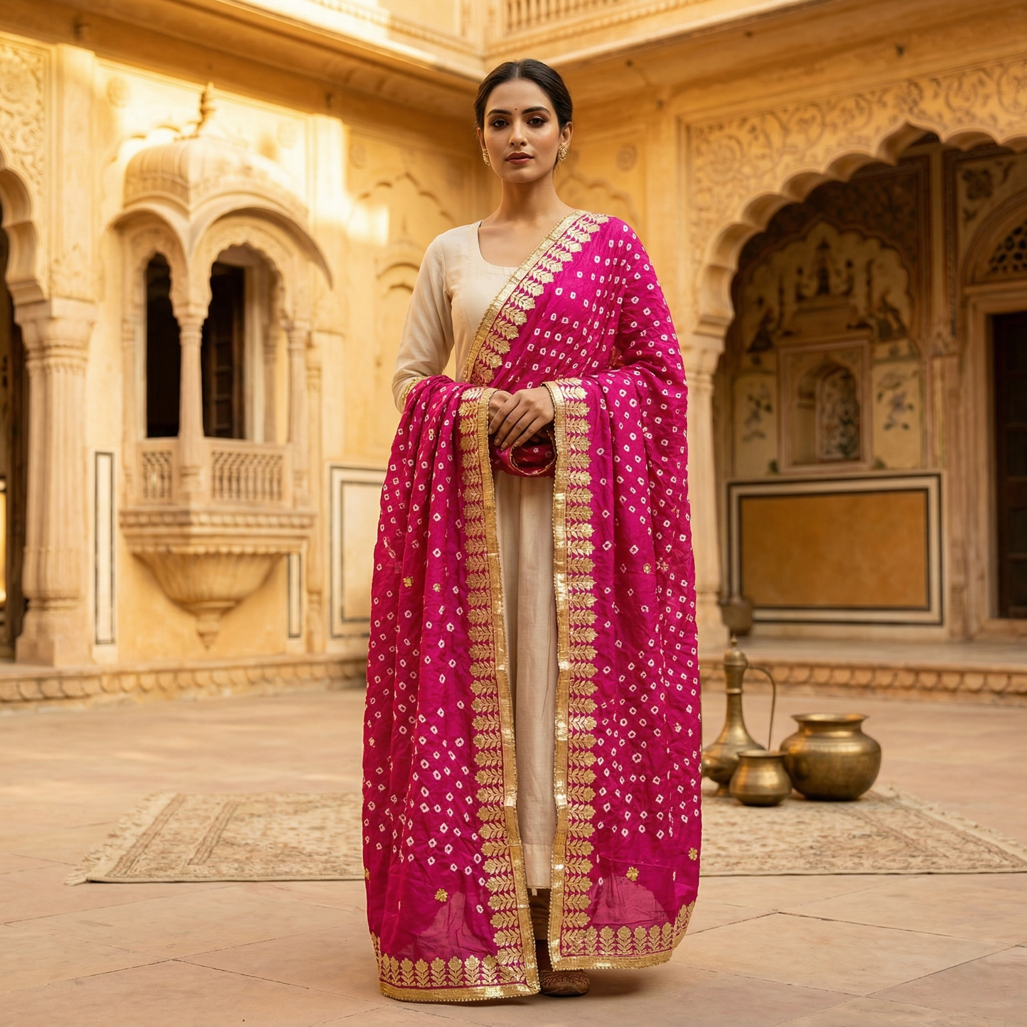 Rani Pink Bandhani Silk Gota Dupatta
