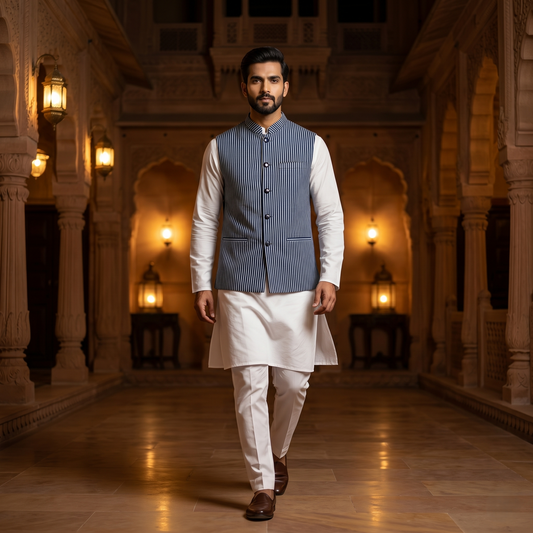 Indigo Pinstripe Silk Heritage Nehru Jacket