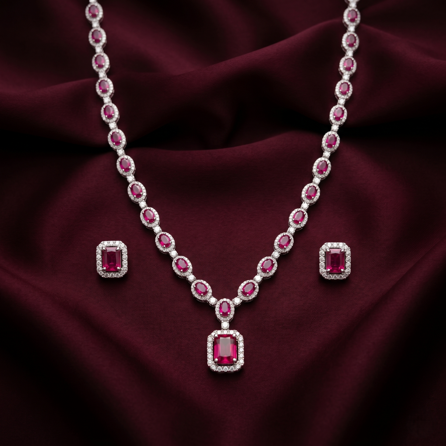 Radiant Crimson Halo Silver Jewelry Set