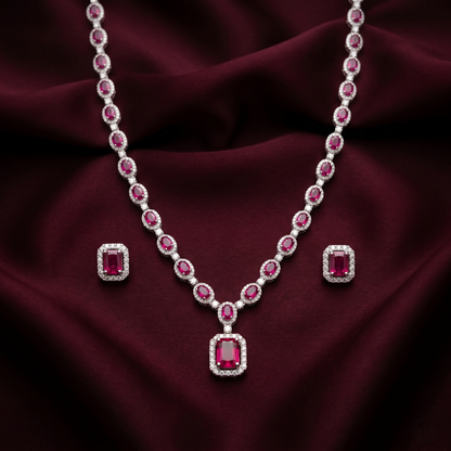 Radiant Crimson Halo Silver Jewelry Set