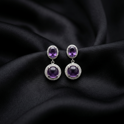 Royal Amethyst Silver Halo Drop Earrings
