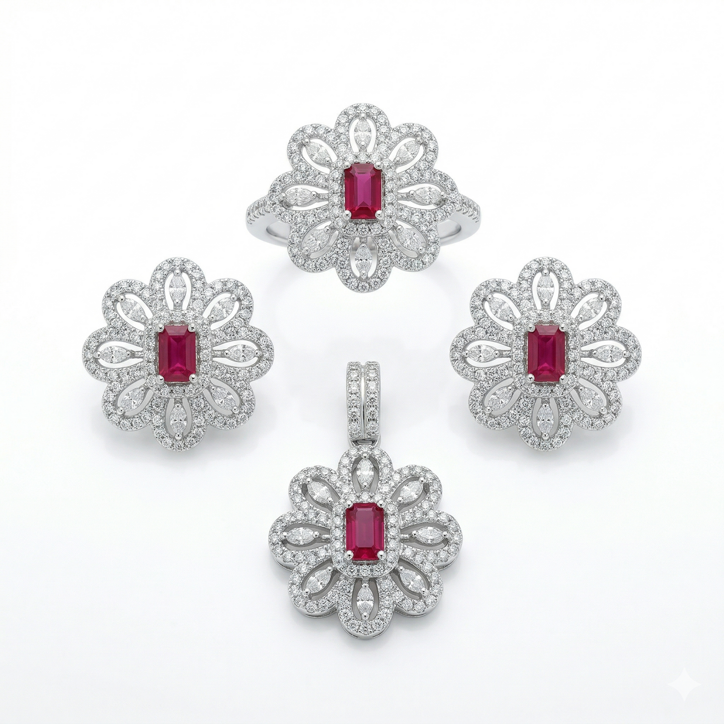 Majestic Ruby Floral Silver Jewelry Set