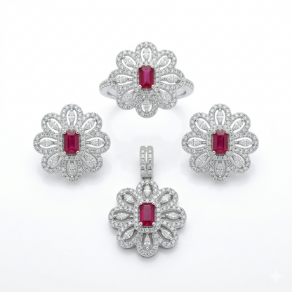 Majestic Ruby Floral Silver Jewelry Set