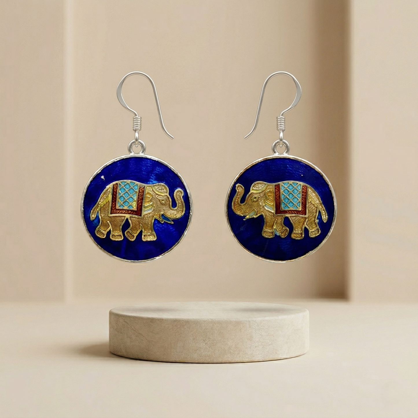 Heritage Elephant Meenakari Silver Drop Earrings