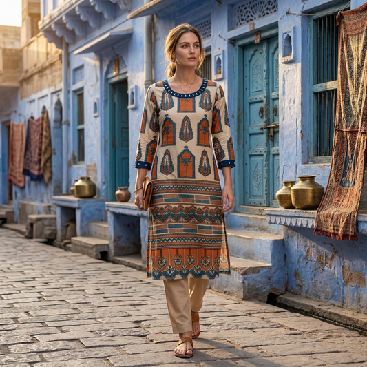 Boho Chic Printed in Jodhpur Blue Kurti
