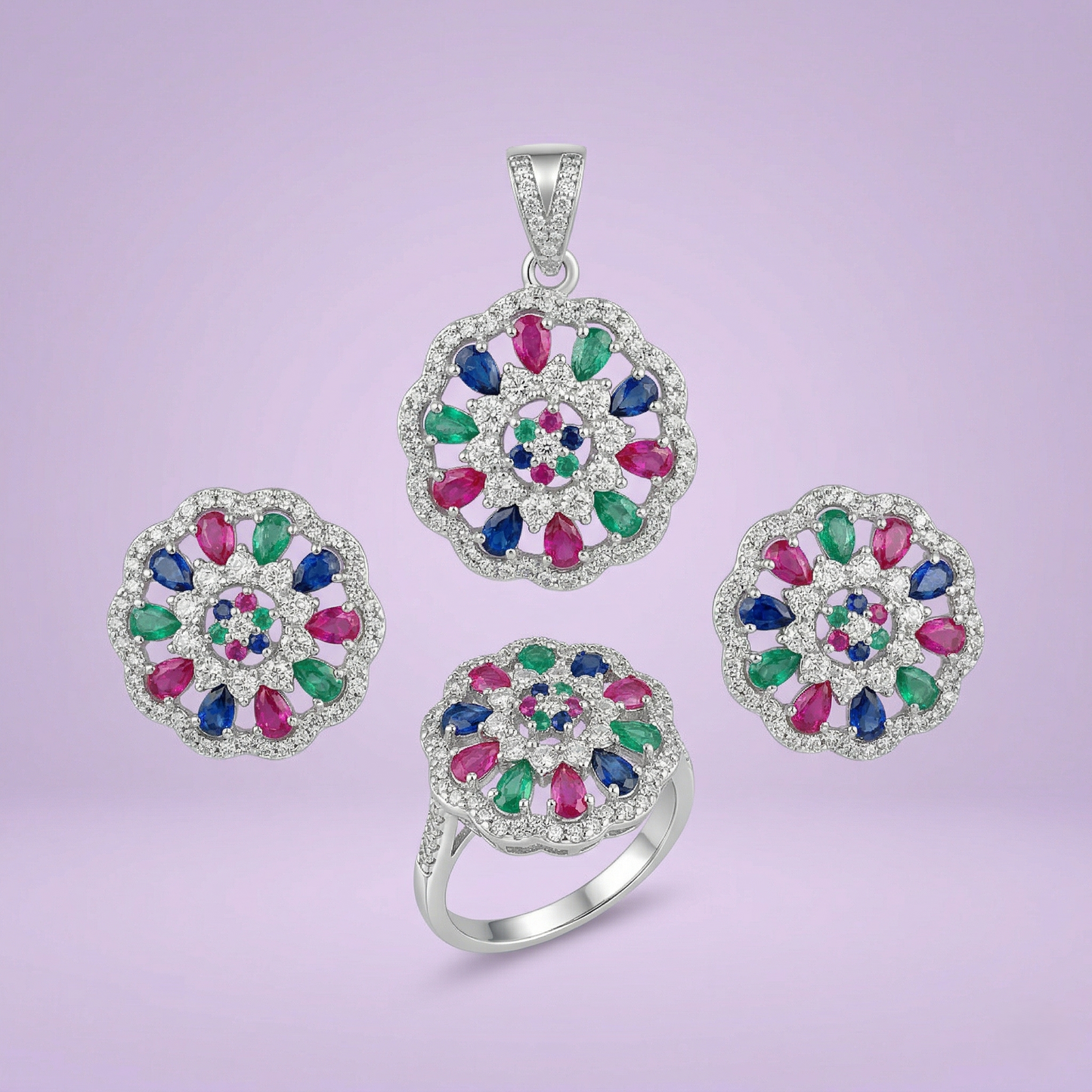 Exquisite Floral Multi-Gem Silver Pendant Set