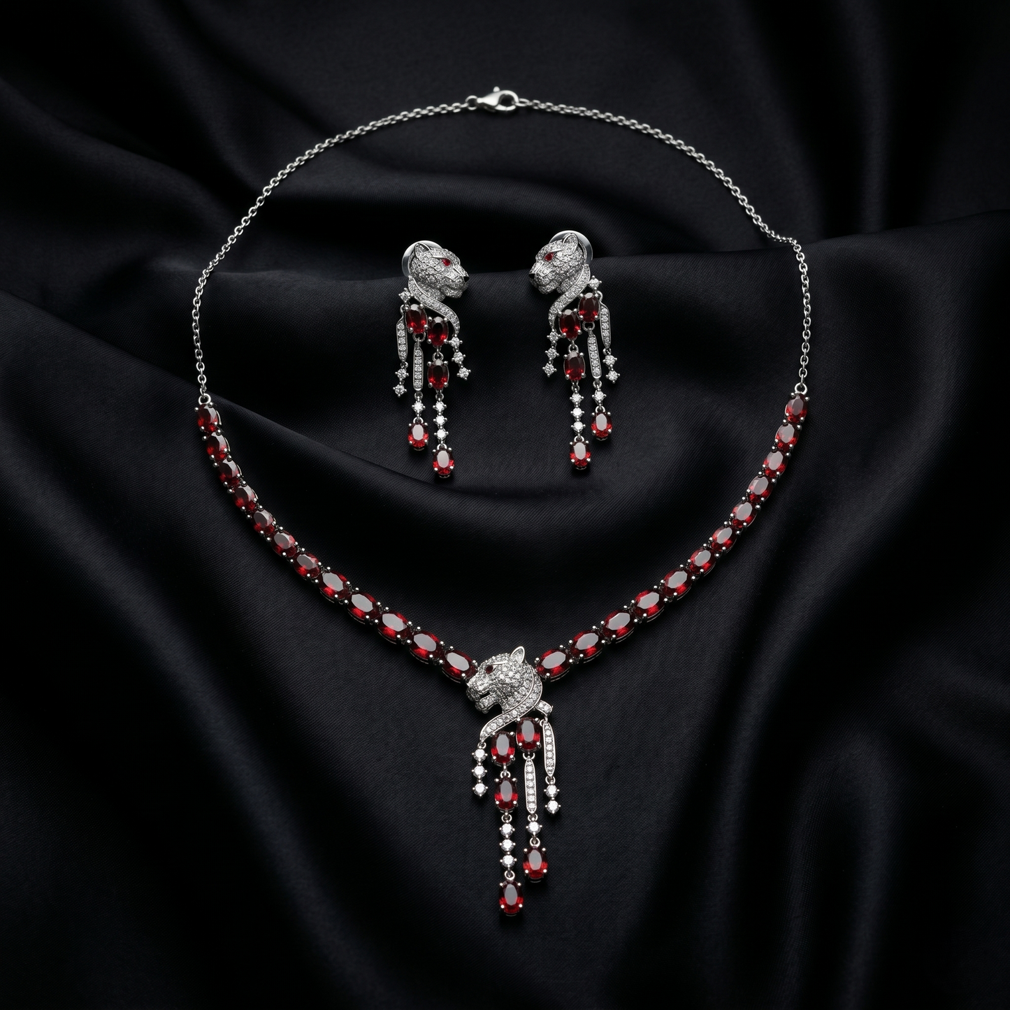 Panther Garnet Cascading Silver Jewelry Set