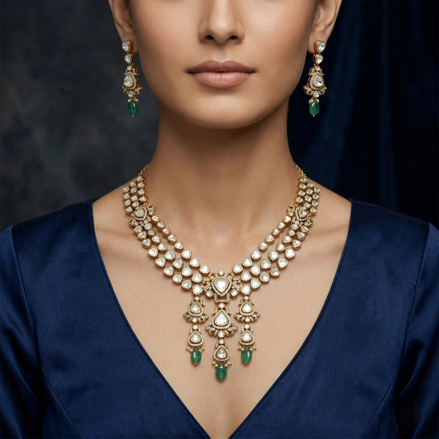 Regal Polki-Style Silver Emerald Necklace Set