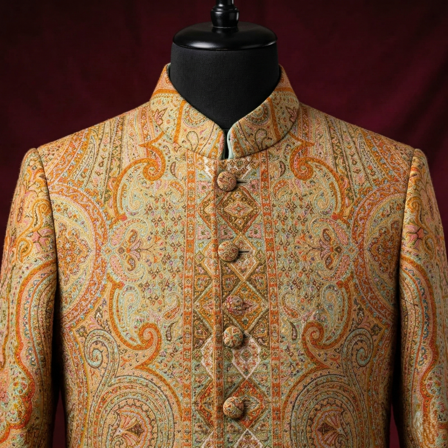 Ochre Paisley Silk Mandarin Collar Tunic Long Coat