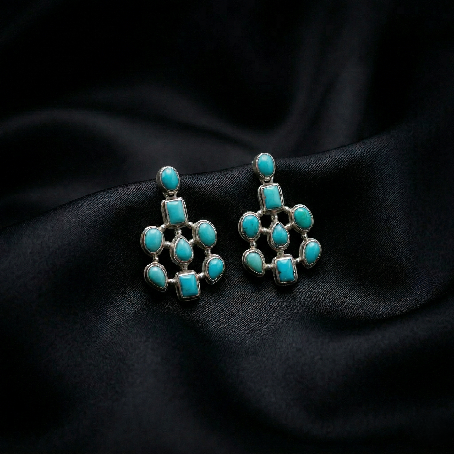 Handcrafted Silver Turquoise Floral Drop Earrings