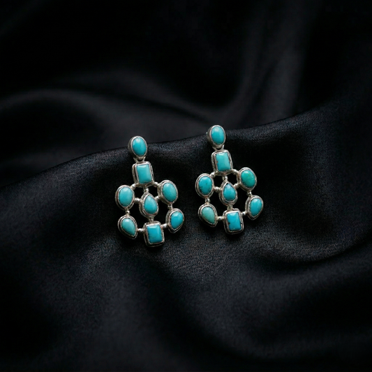 Handcrafted Silver Turquoise Floral Drop Earrings