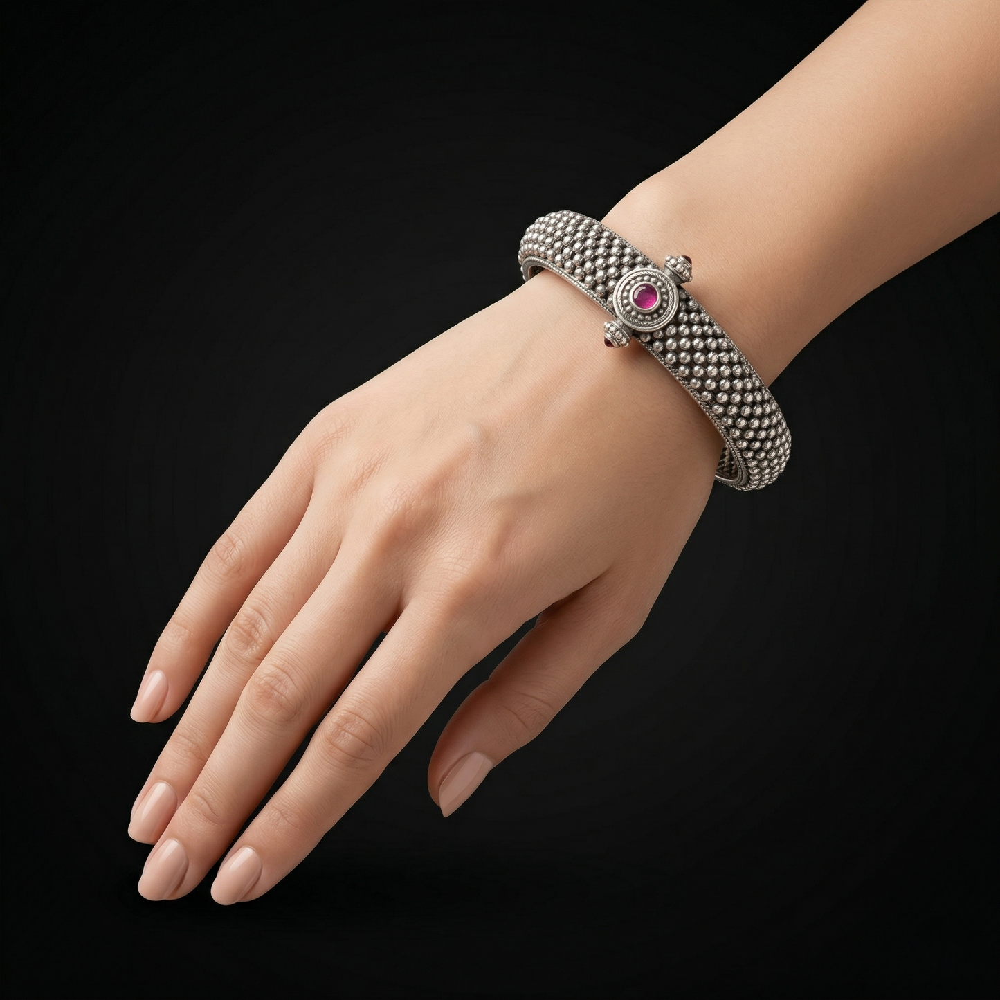 Antique Ruby-Studded 92.5 Sterling Silver Kada