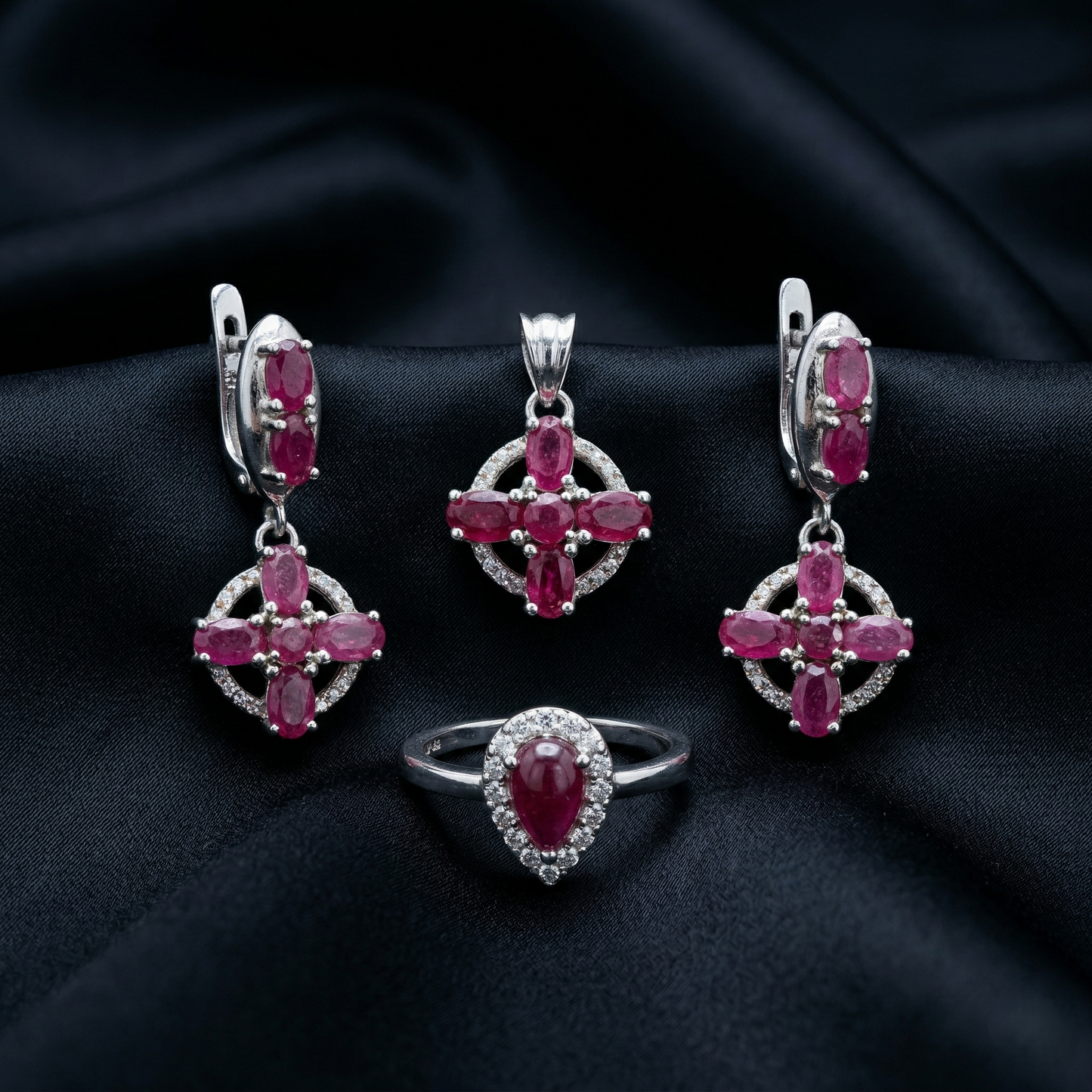 Regal Crimson Bloom Silver Pendant Set