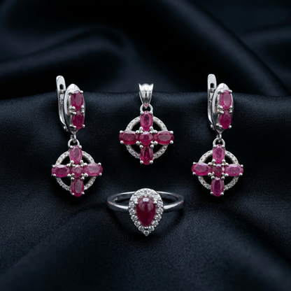 Regal Crimson Bloom Silver Pendant Set