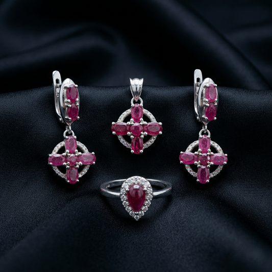 Regal Crimson Bloom Silver Pendant Set