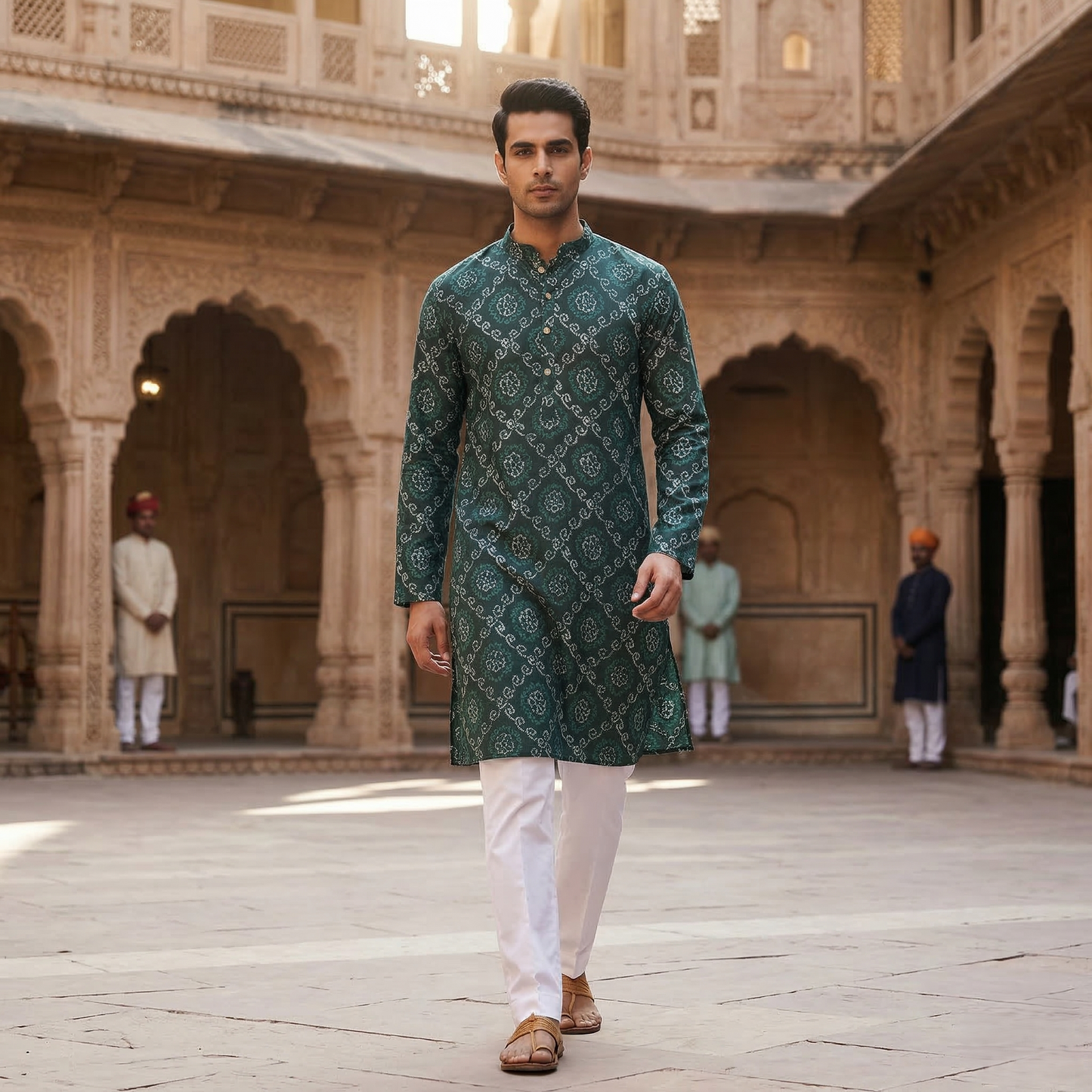 Royal Emerald Bandhani Print Silk Kurta