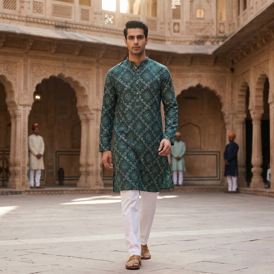 Royal Emerald Bandhani Print Silk Kurta