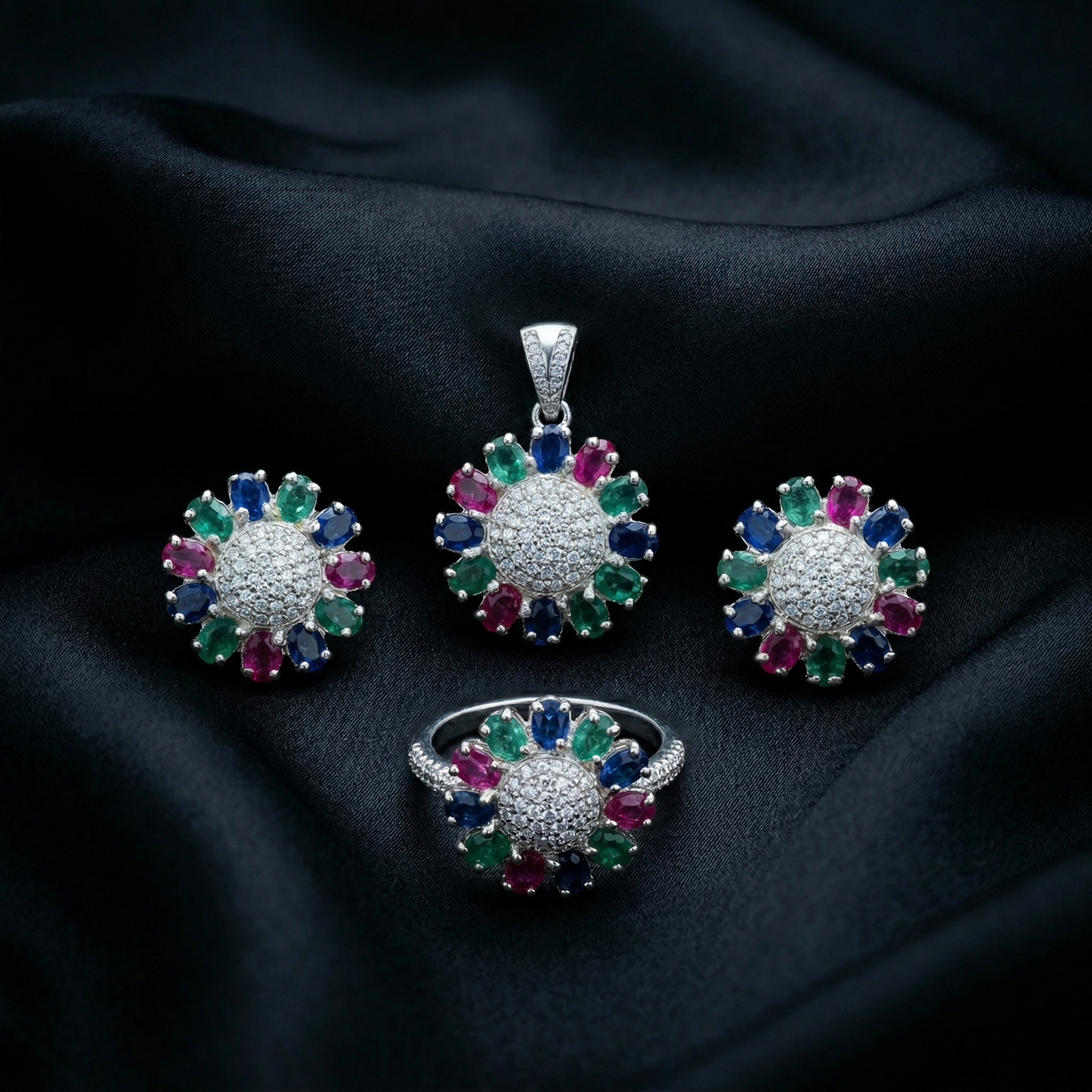 Radiant Floral Multi-Gem Silver Pendant Set