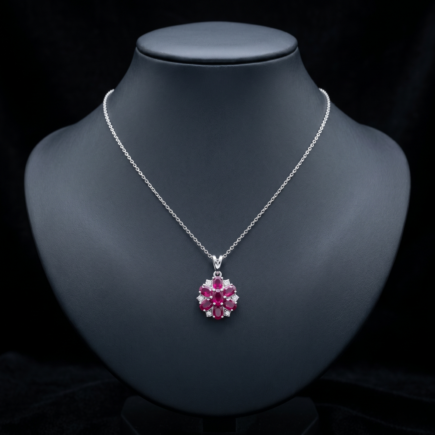 Exquisite Floral Ruby Silver Pendant Set